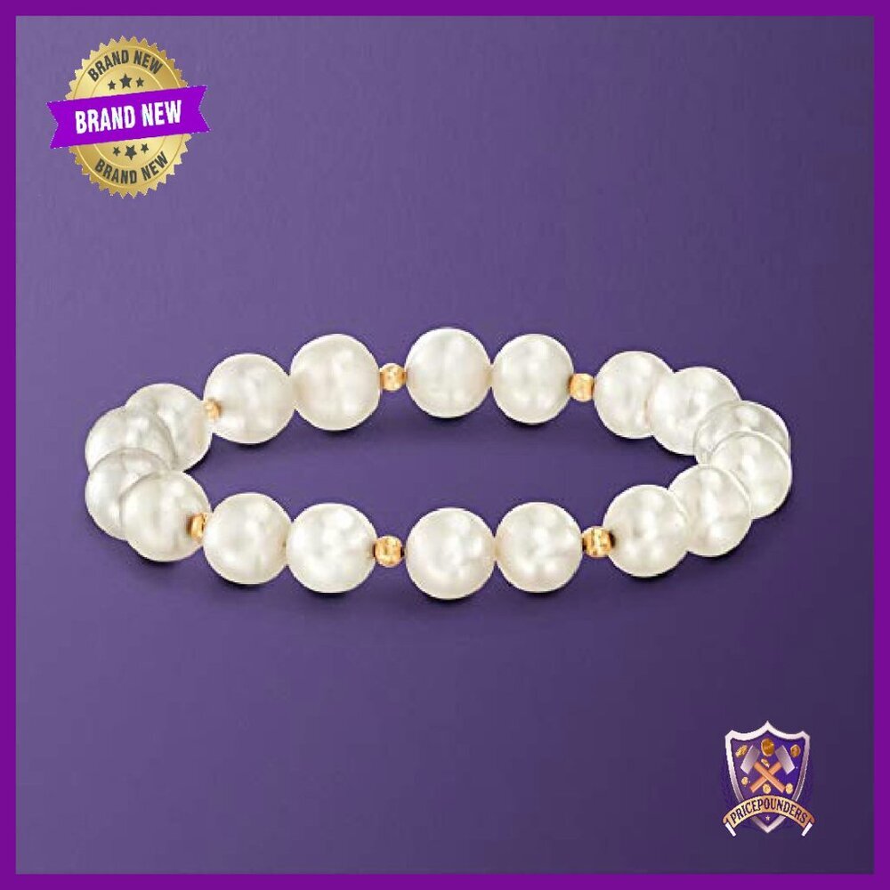 9-10mm Cultured Pearl Stretch Bracelet 14kt Yellow Gold 7in - Picture 4 of 7